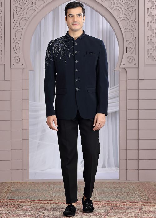 Navy Blue Bandhgala Jodhpuri Jacket With Floral Embroidery