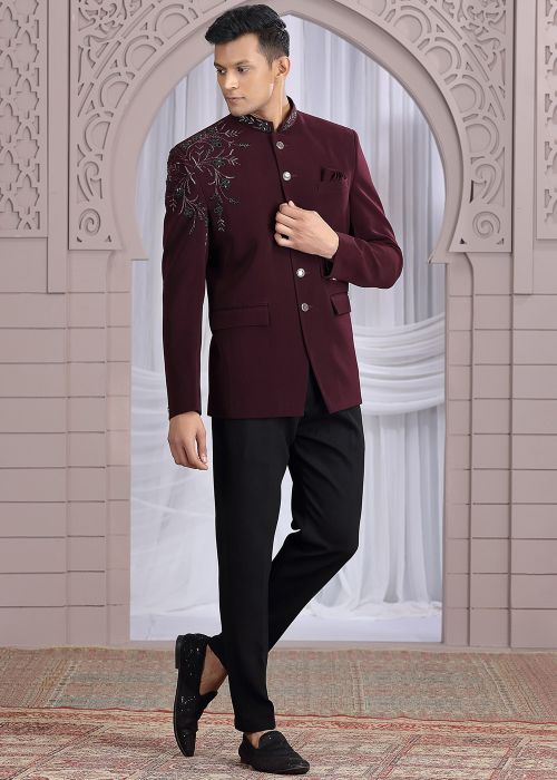Wine Bandhgala Jodhpuri Jacket With Geometric Patterns