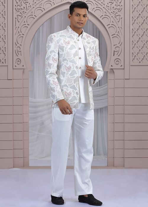 Cream Bandhgala Jodhpuri Jacket With Abstract Embroidery