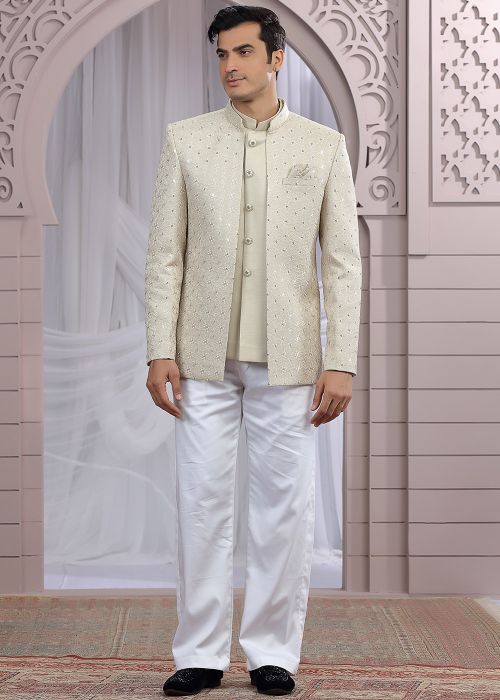 Beige Bandhgala Jodhpuri Jacket With Subtle Sequins