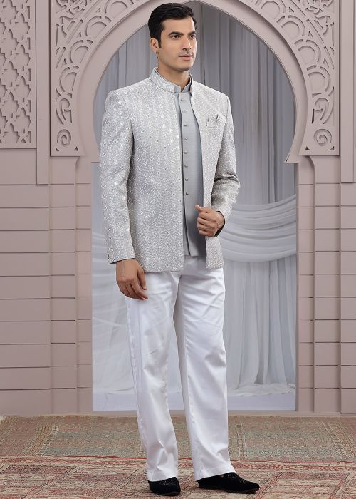 Grey Bandhgala Jodhpuri Jacket With Metallic Detailing