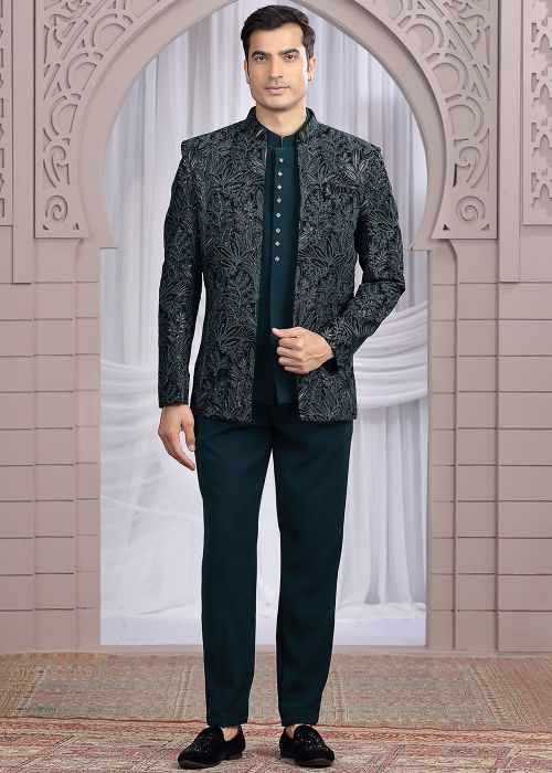Teal Green Bandhgala Jodhpuri Jacket With Heavy Embroidery