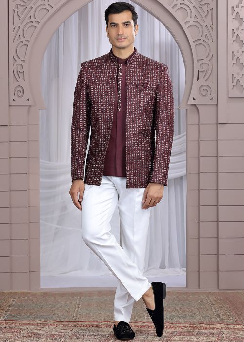 Wine Bandhgala Jodhpuri Jacket With Embroidery