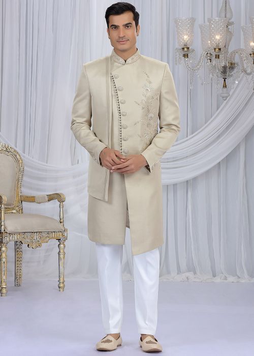 Beige Indo Western Sherwani With Side Floral Embroidery