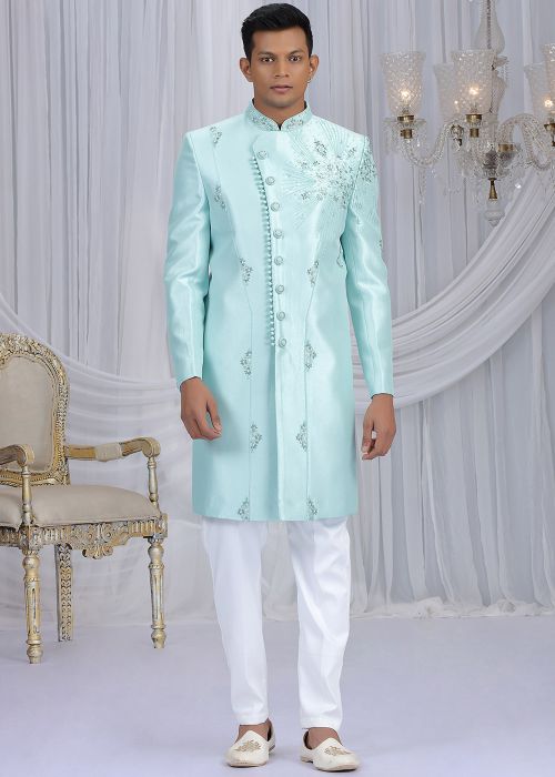 Aqua Blue Indo Western Sherwani With Star Motif Embroidery