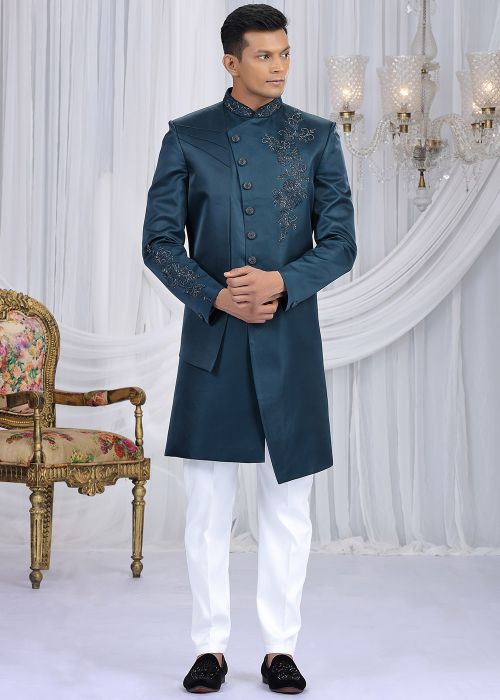 Blue Indo Western Sherwani With HandWork Embroidery