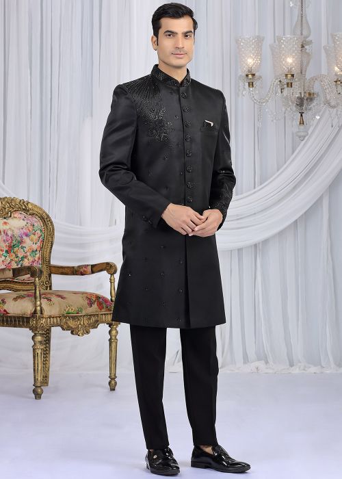 Black Indo Western Sherwani With Hand Embroidery