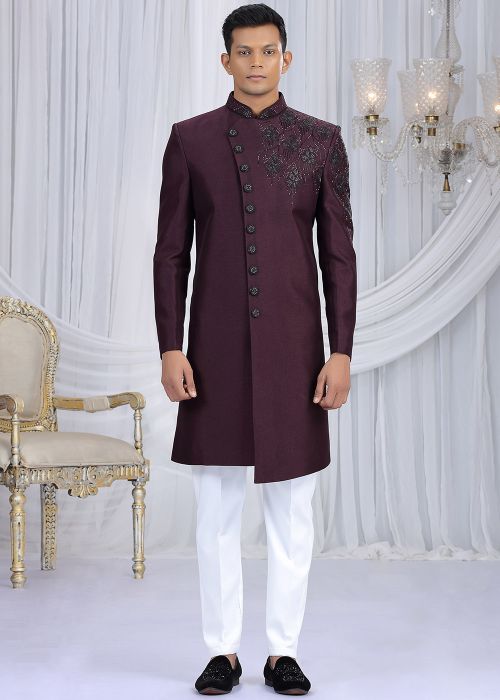 Wine Indo Western Sherwani With Handwork Detailing