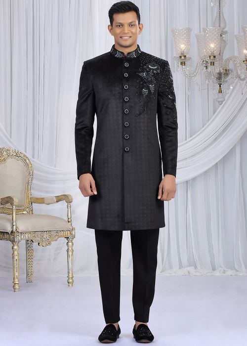 Black Velvet Indo Western Sherwani With Textured Embroidery