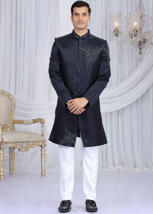 Navy Blue Indo Western Sherwani With Embroidered Detailing