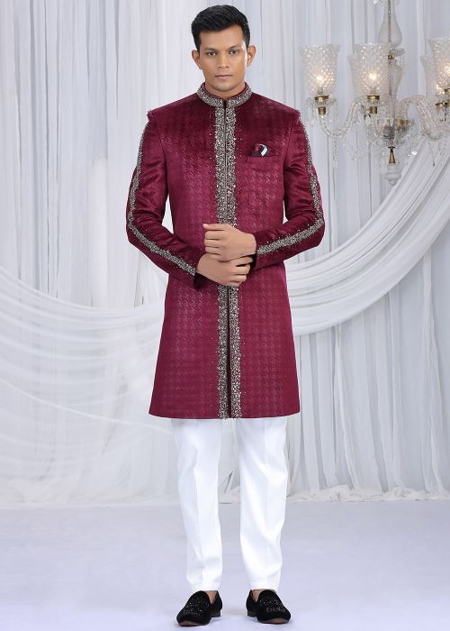 Wine Velvet Indo Western Sherwani With Sequins Work