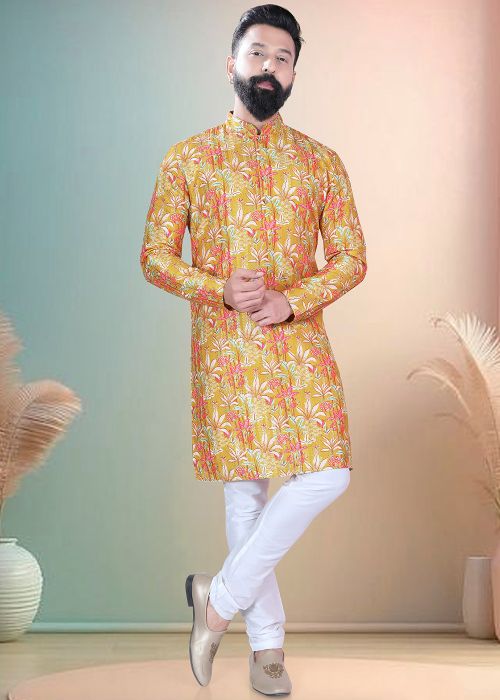 Yellow Floral Print Cotton Kurta Pajama