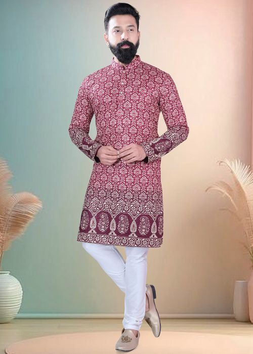 Maroon Cotton Kurta Pajama With Printed Work