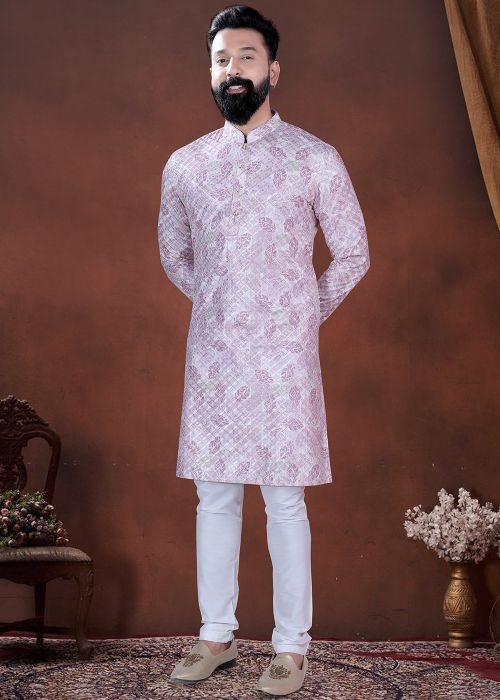 Light Pink Cotton Printed Kurta Pajama With Sequins