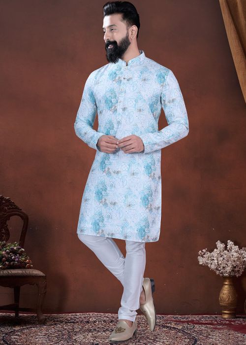 Sky Blue Kurta Pajama With Printed & Sequins Design