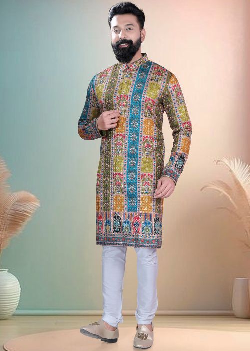 Multicolor Cotton Kurta Pajama With Printed Design