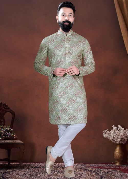 Light Green Cotton Kurta Pajama With Sequins Touch