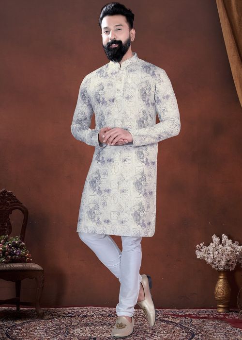 Off White Cotton Kurta Pajama With Printed Design