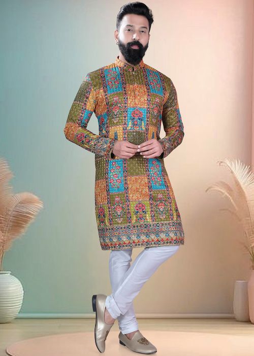 Multicolor Cotton Kurta Pajama With Printed Work