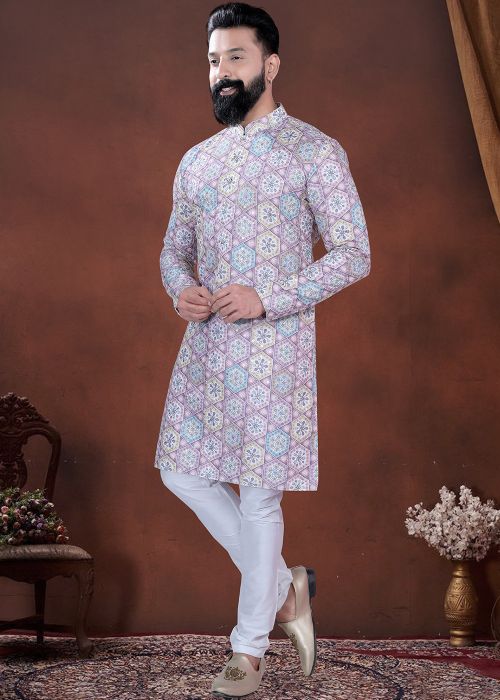 Pastel Pink Printed Cotton Kurta With White Pajama