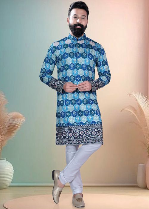 Blue Printed Cotton Kurta With White Pajama