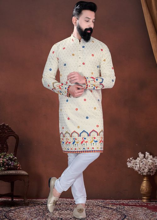 Cream Printed Cotton Kurta With Multicolor Detailing
