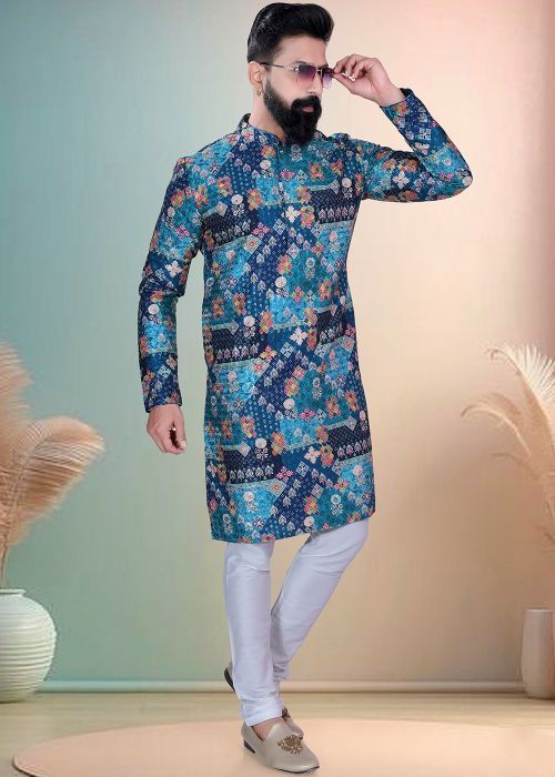 Navy Blue Printed Cotton Kurta With White Pajama