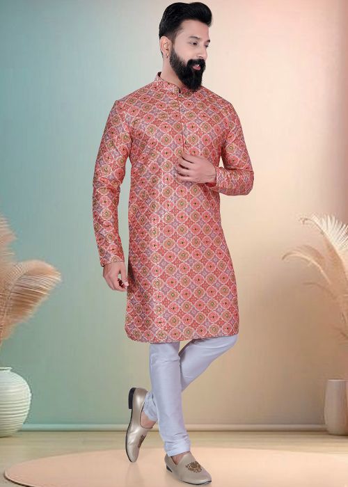 Peach Printed Cotton Kurta With White Pajama