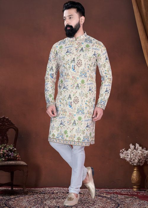 Cream Printed Cotton Kurta Pajama With Heritage Motifs