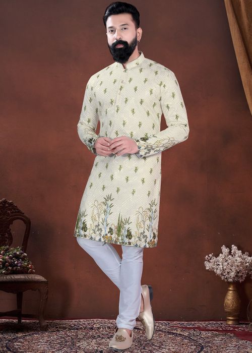 Cream Cotton Kurta Pajama With Floral Print Design