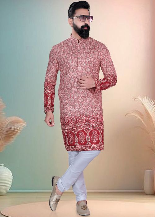 Red Printed Cotton Kurta Pajama With White Pajama