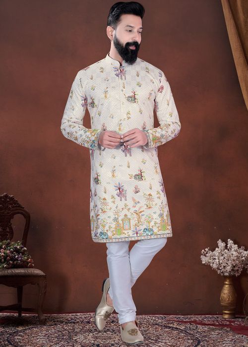 Cream Printed Cotton Kurta Pajama With Scenic Design