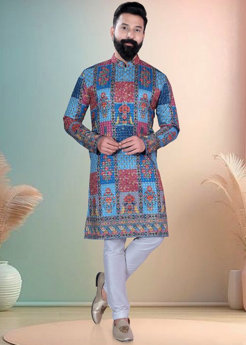 Blue Cotton Kurta Pajama With Printed Work