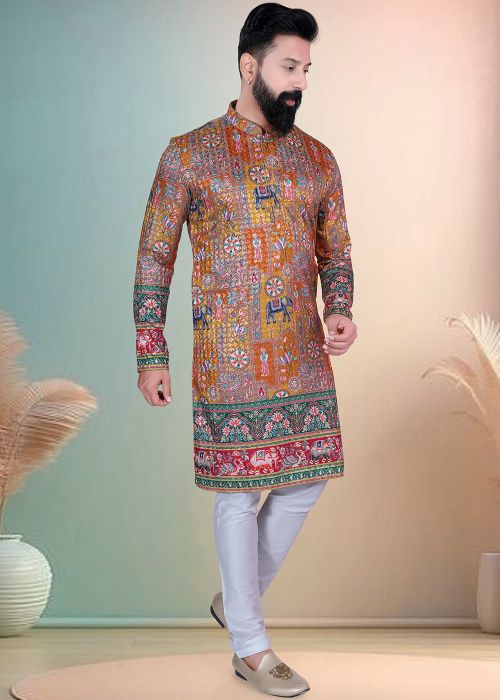 Rust Orange Cotton Kurta Pajama With Printed Detailing