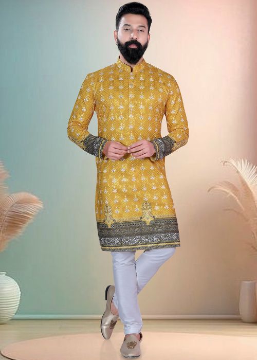 Yellow Cotton Kurta Pajama With Border Detailing