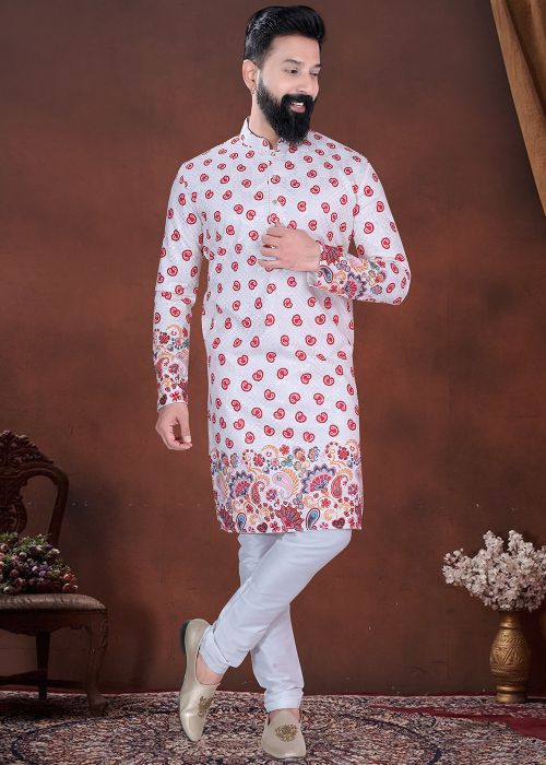 White Cotton Kurta Pajama With Red Paisley Print