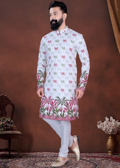 White Cotton Kurta Pajama With Palm Tree Print
