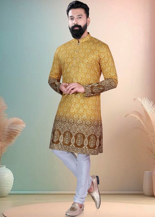 Yellow Cotton Kurta Pajama With Traditional Print
