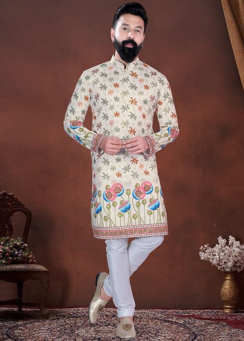 Cream Cotton Kurta Pajama With Floral Printed Design