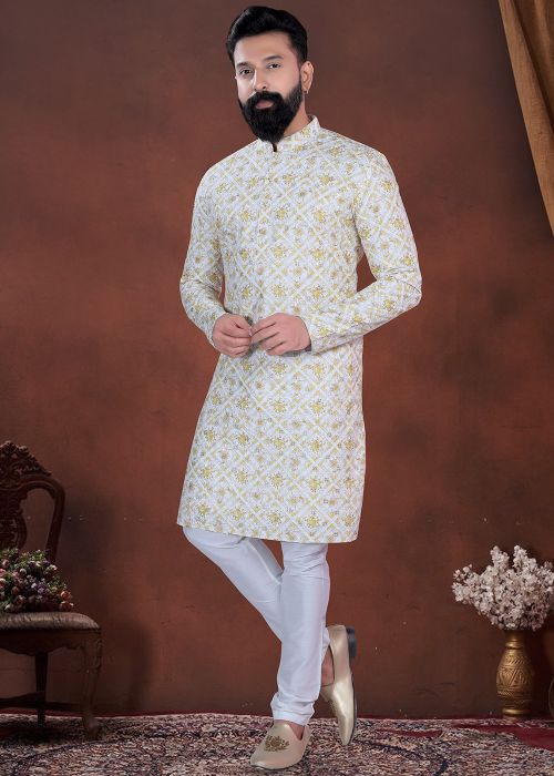 Off White Cotton Kurta Pajama With Subtle Golden Print