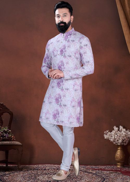 Lavender Cotton Kurta Pajama With Printed Design