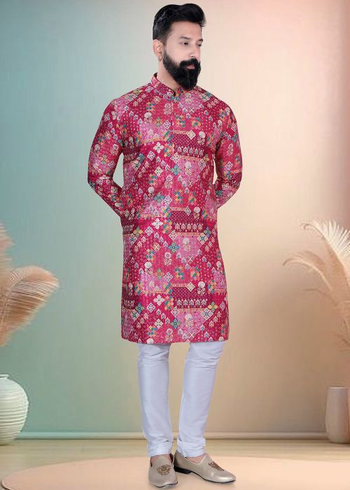 Red Cotton Kurta Pajama With Printed Detailing