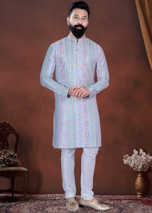 Sky Blue Cotton Kurta Pajama Set With Printed Work