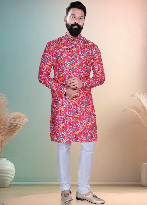 Pink Cotton Kurta Pajama With Floral Print
