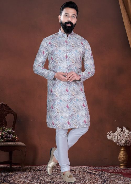 Off White Cotton Kurta Pajama With Printed Detailing