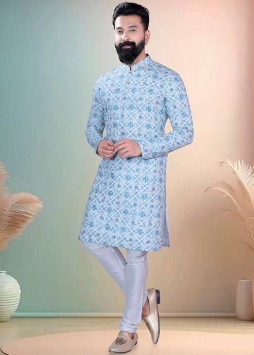 Light Blue Cotton Kurta Pajama Printed Design
