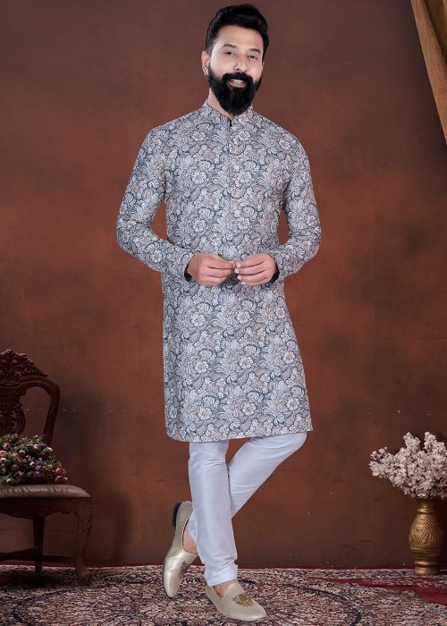 Grey Cotton Kurta Pajama With Floral Print