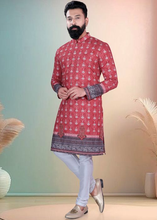 Maroon Cotton Kurta Pajama Printed Detailing