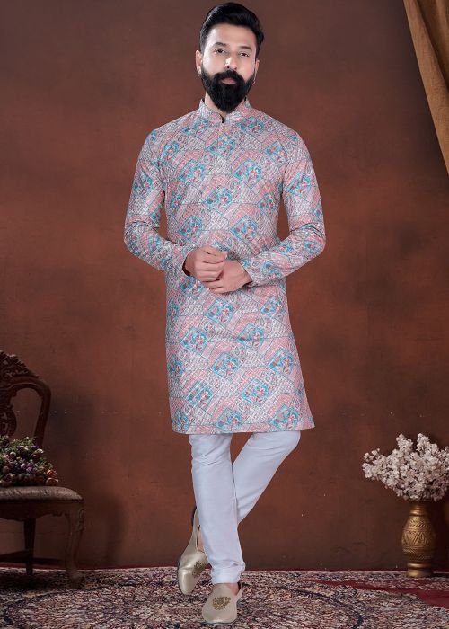 Beige Cotton Kurta Pajama With Geometric Print