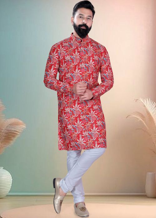 Red Cotton Kurta Pajama Set With Floral Print